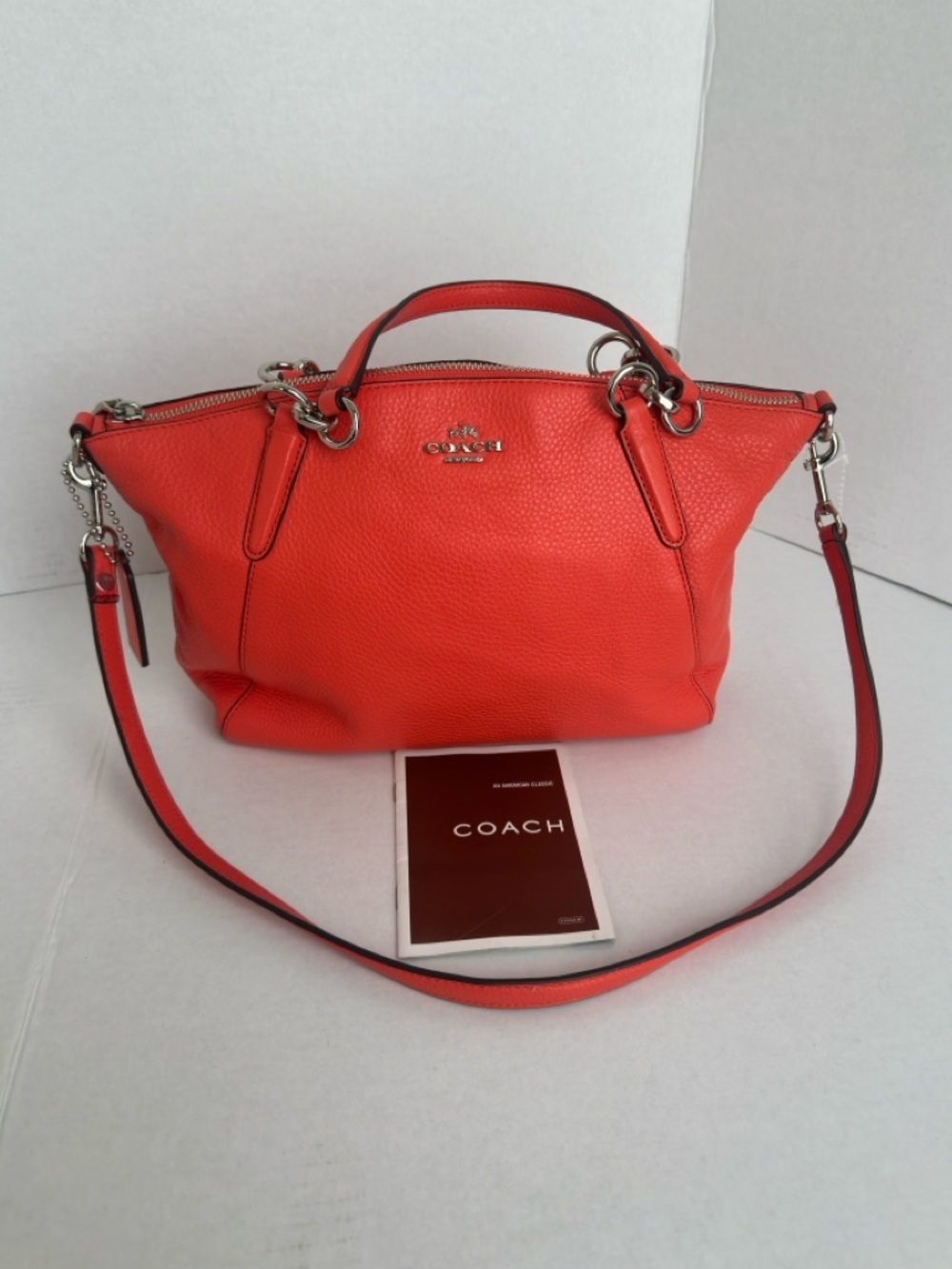 Coach Coral Red Pebbled Leather Satchel Crossbody Shoulder Bag Zip Top Classic